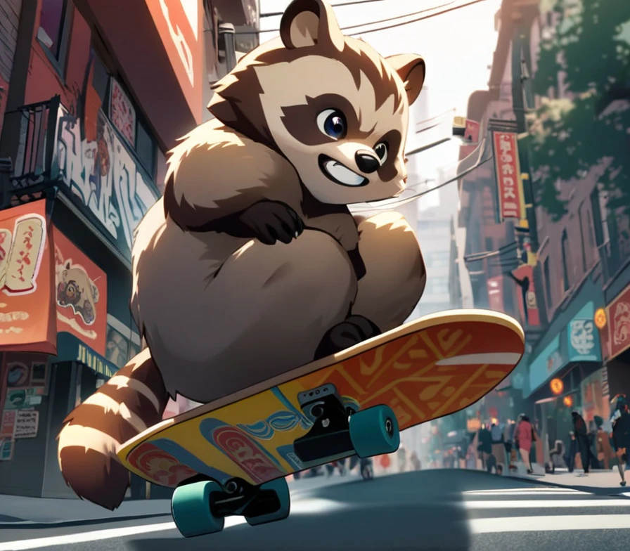 Racoons riding Skateboard on Chinatown in New York City 