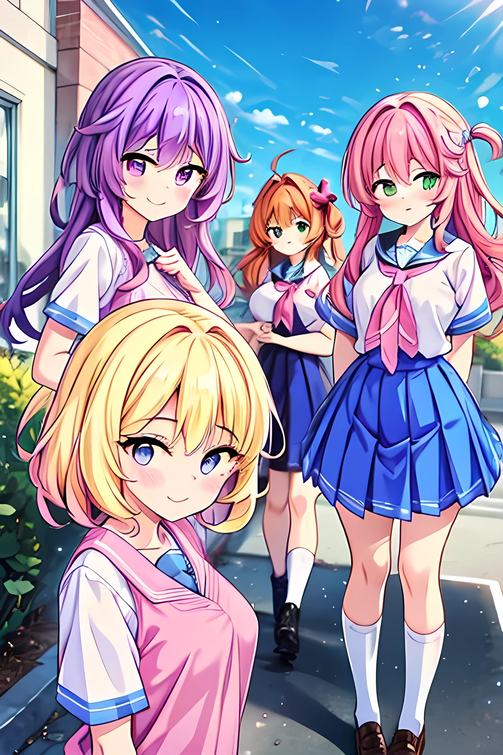 Four,High school girls, red, purple, pink and yellow hair, wearing blue school uniforms, smiling for apicture.