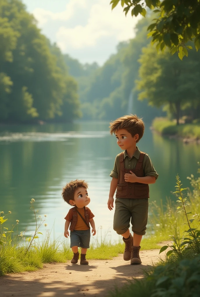 An image of two boys, one larger and the other smaller, walking along the riverbank 