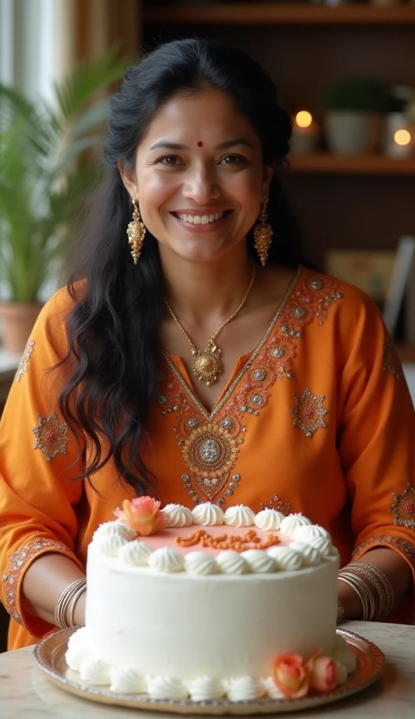 Mother in indian aesthetic outfit skin colour vitiligo kurti in mehendi colour with a lots of detailed mandala work with bangles earings and one jewellery on neck hair open with  cutting bday cake and cake in vannila flavour in full white colour and upon the cake it is written mom