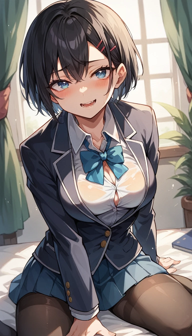 masterpiece, best quality, short hair, blue hair, yellow eyes, indoors, medium breasts, school uniform, bowtie, black vest, smile,