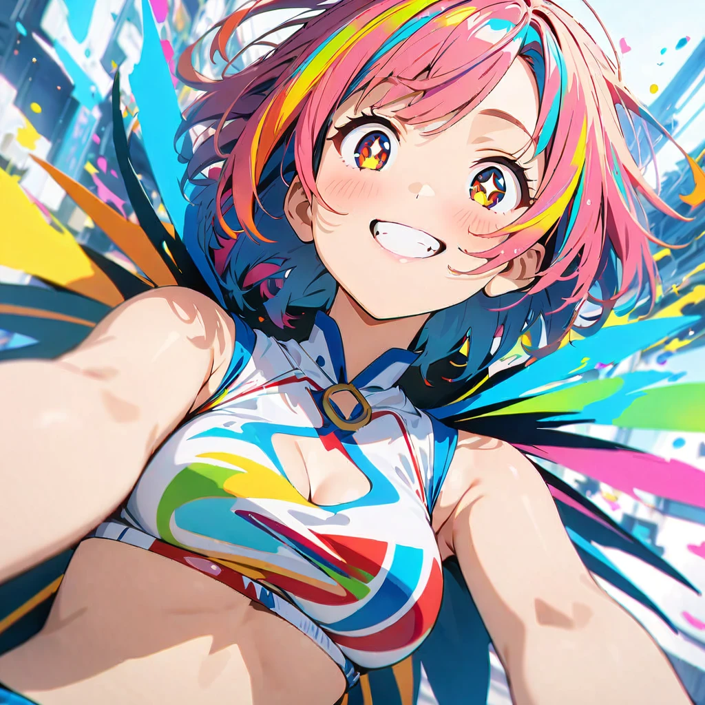 (masterpiece, Best Quality, Official Art:1.2), (colorful),  watching the audience,  one girl playing pranks, Alone, White background, floating colorful water,  super precise illustrations , highly   Details,  dynamic angle , beautiful   Details, 8k, break smiling amidst the colorful scenes, (Best Quality, masterpiece,  high resolution on down,   Details),  anime style, (Sparkling Eyes,   Details美しい顔), break, dynamic angle 