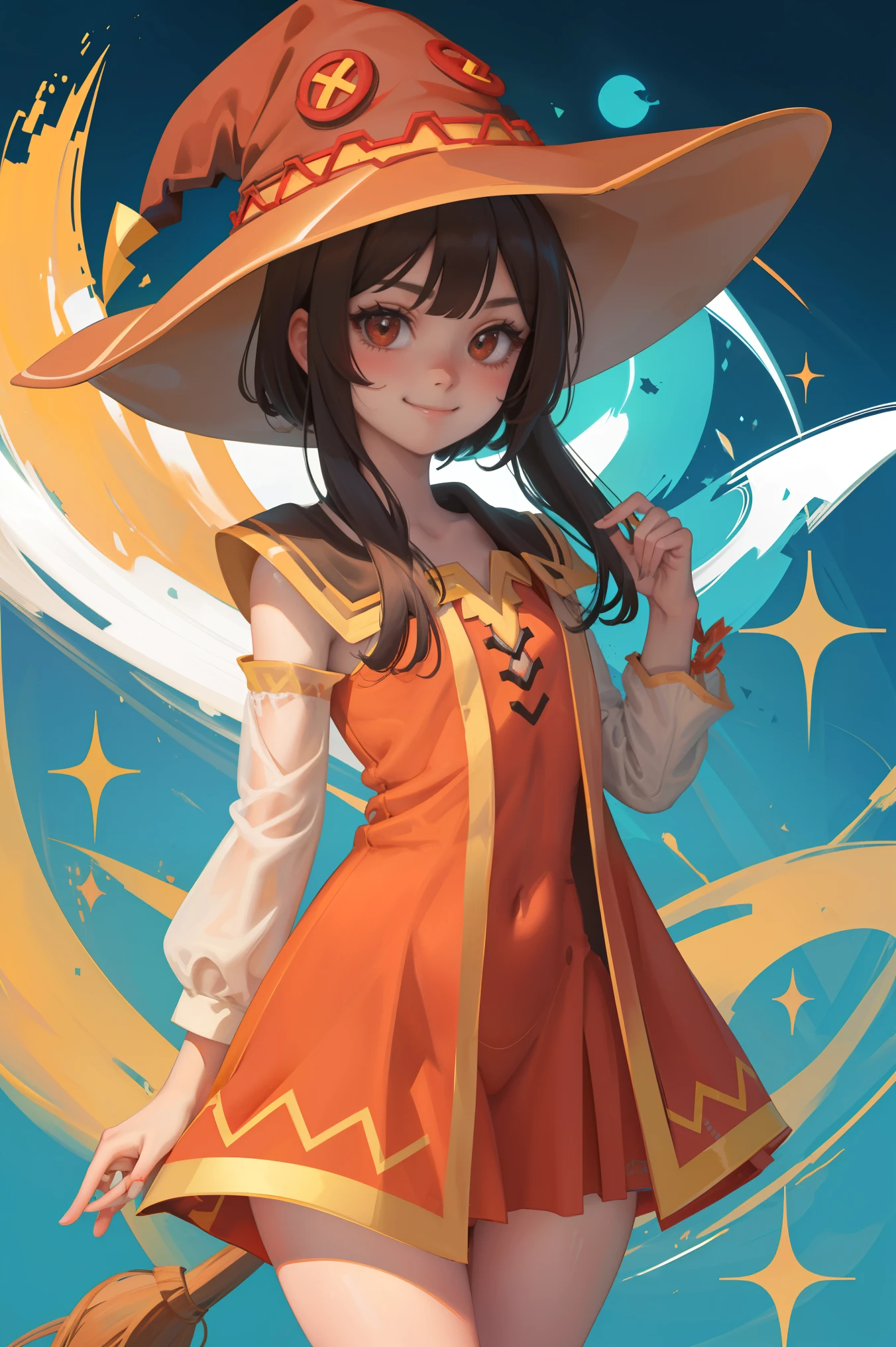 smile,whole body, 1 girl, Megumin, witch hat , Extremely short red dress, (transparent, transparency level 50%) ,smile , lovely face , cowboy shot,
Kelvin HiuArtista ,flat colors, ,OUTLINE,