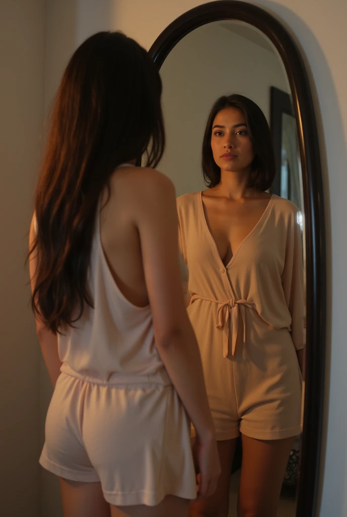 indian girl lonely in a bedroom and just coming out of the shower. she is hot senual and wearing a sexy bathrobe, the view is coming from as if she is showing the back to the camera. a giuy accidentally stumbles upon her leaving the shower. the shirtless guy visible in background