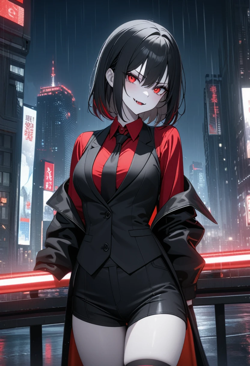 1girl, Long Black hair with red streaks, Red eyes, White pale skin, wearing a red shirt with a black tie, black thigh high socks, black shorts, wearing a black suit short jacket, wearing a black suit vest under the jacket, raining city, night time, absurdres, high res, 8K, masterpiece, looking at viewer, intense, evil look, black gradient fingers, gradient fingers, fangs, evil smile
