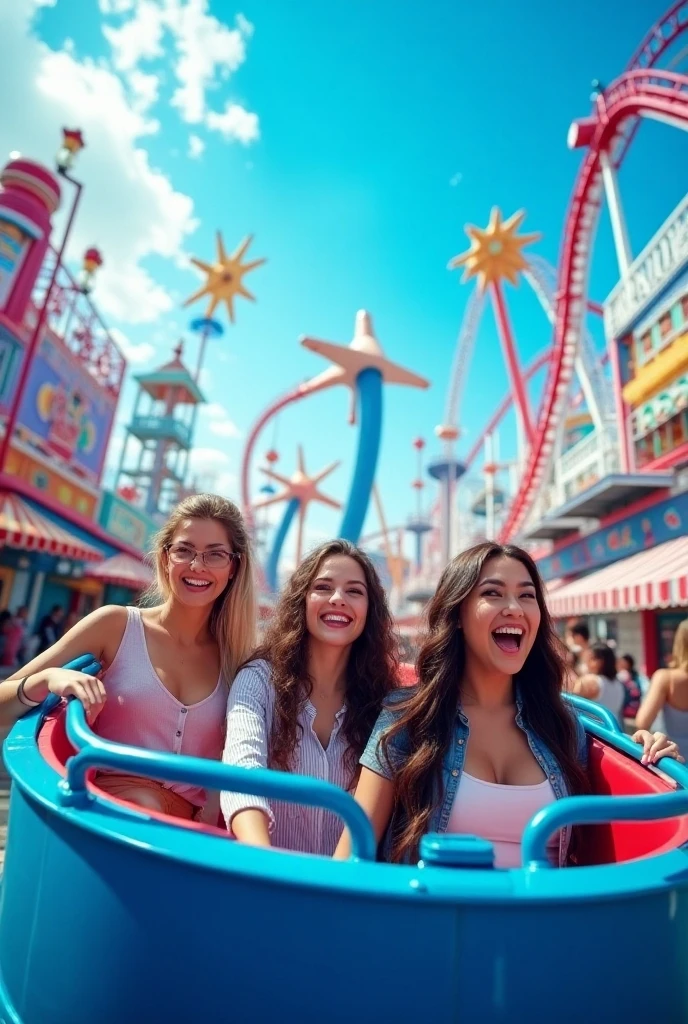 Thrilling roller coaster ride with a group of friends, all laughing and enjoying the moment, Loop-de-loops and twists in the track, Bright and colorful carts speeding through the air, Blue sky and fluffy clouds in the background, Expressive and joyful expressions on each friend's face, Dynamic and energetic