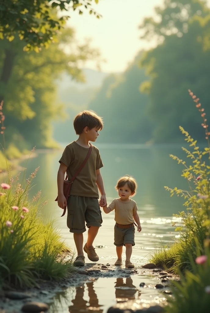 An image of two boys, one larger and the other smaller, walking along the riverbank 