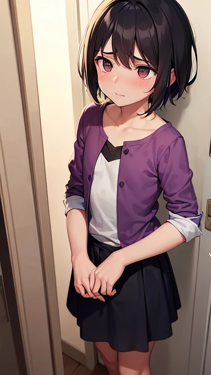 uzumaki_himawari, (masterpiece: 1.2), (absurdres: 1.2),(best quality: 1.2),  (young girl), (lines on face), short black hair, blunt bangs, blue eyes, ((yellow hoodie, pink skirt)), black thigh highs, red boots, standing, ((solo)), full body, perfeck charakter ,1girl,best quality detail , ultra high quality , anime from realistick , light purple eyes ,realistick