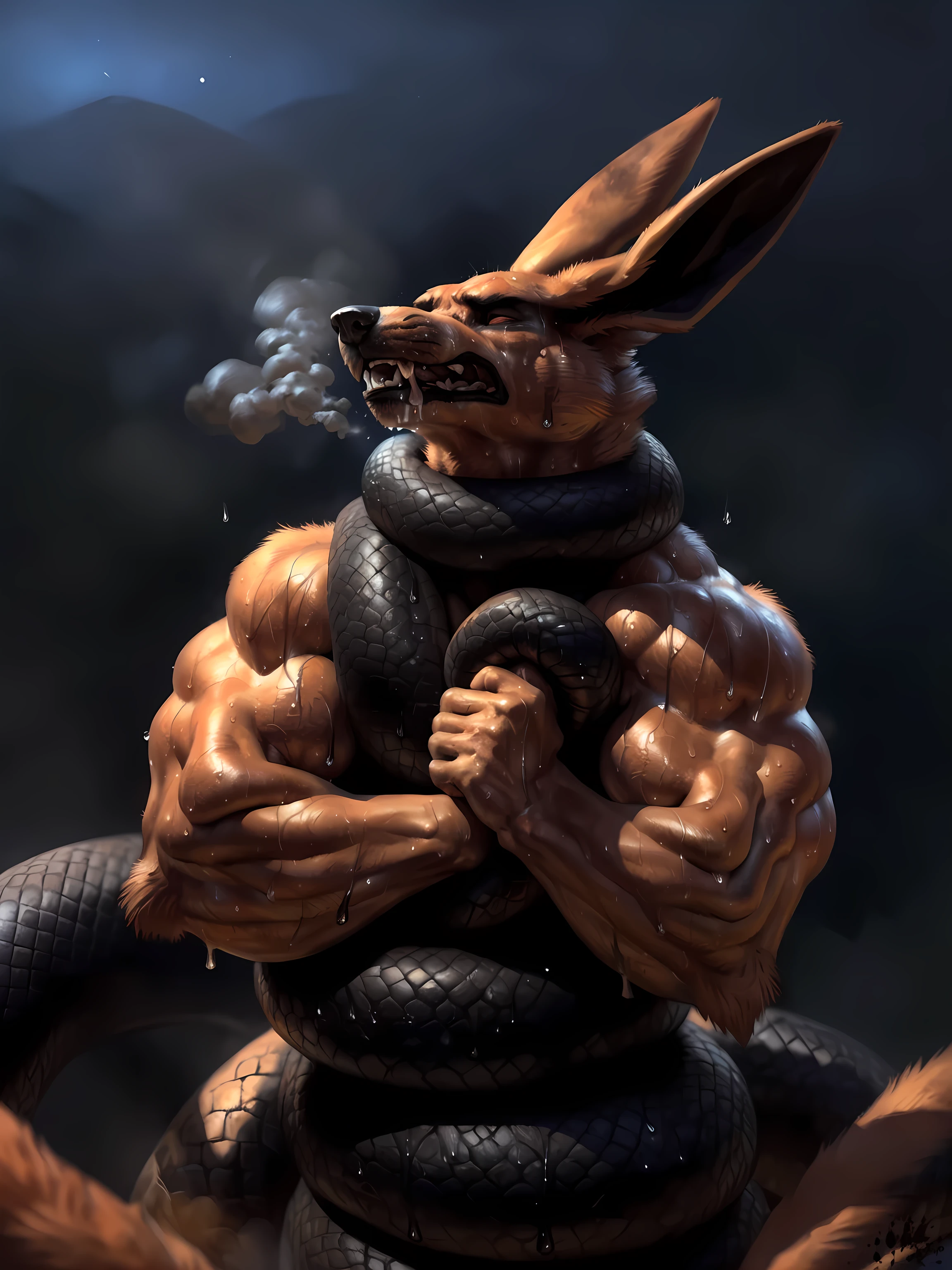 muscular kurama fighting against a large snake, (black snake:1.5), (snake coiled around:1.2), (snake choking:1.3), strangulation, coiling, 4k, high resolution, best quality, posted on e621, anthro body, kurama, (solo:1.1), male, adult, masculine, (very muscular, thick build, heavyweight:1.2), correct anatomy, (night background), (by taran fiddler, by blotch), closed eyes, (sweat:1.6), wet fur:1.2, steam, fog, (shiny muscles:1.2), cartoony shading, stern face, pained expression, angry, open mouth, worried expression, exhausted, struggling, fighting, drooling, flexing muscles, orange fur