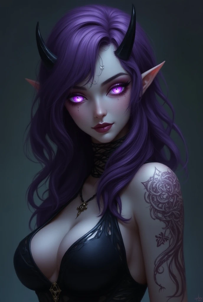 a beautiful tiefling girl with purple hair, sorceress, detailed portrait, beautiful detailed eyes, beautiful detailed lips, extremely detailed face and features, long eyelashes, elegant formal dress, magical energy, glowing magical aura, dramatic lighting, fantasy, intricate details, cinematic, photorealistic, 8k, high quality, hyper detailed, masterpiece