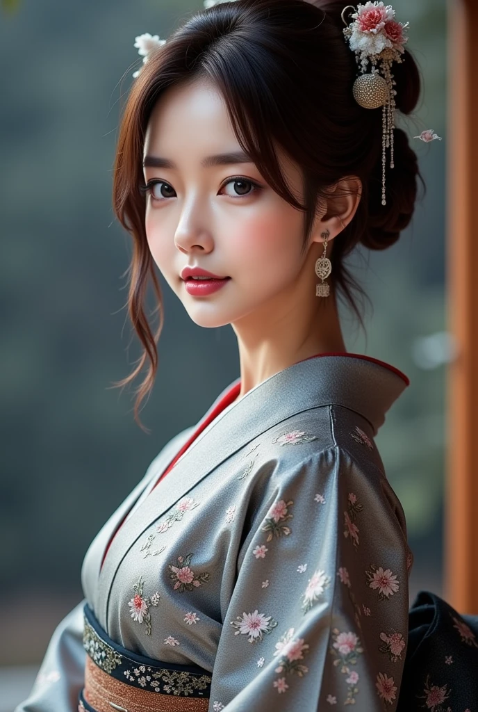 (Beautiful model in Japanese kimono commercial), (solo), ((face is 80% beauty and elegance, 20% pretty and cute:1.5)), (Her roots are in Eastern Europe and Asia), clear eyes, (detailed eyes, light brown eyes, bright pupils), Double Eyelids, (sexy lips with a little thickness:1.2), super detailed and incredibly high resolution Kimono, Highly Detailed Face Texture, striking body shape, curvy and very attractive woman, high-resolution RAW color photo pro photo, BREAK ultra high-resolution textures, High-res body rendering, big eyes, unparalleled masterpiece, incredible high resolution, super detailed, stunning ceramic skin, BREAK (Wearing a shiny silver kimono of the Rimpa school with lots of Rinpa silver colors), (The main color is Rinpa shiny silver, with a gradation from black to silver from the hem side to the collar), (elaborately made classical Japanese shiny silver Kimono), ((The embroidery patterns are Japanese dragon, clouds, mountains, and rivers)), (An obi that goes well with this kimono), ((shiny silver Kimono with elaborate and elegant embroidery)), (The background is a night scene with a little snow falling) BREAK ((Best Quality, 8k)), Crisp Focus:1.2, (Layer Cut, Big:1.2), (Beautiful Woman with Perfect Figure:1.4), (Beautifully shaped and big breasts:1.3), Slender waist, (Correct hand shape:1.5), (Full body shot | cowboy shot | back view)