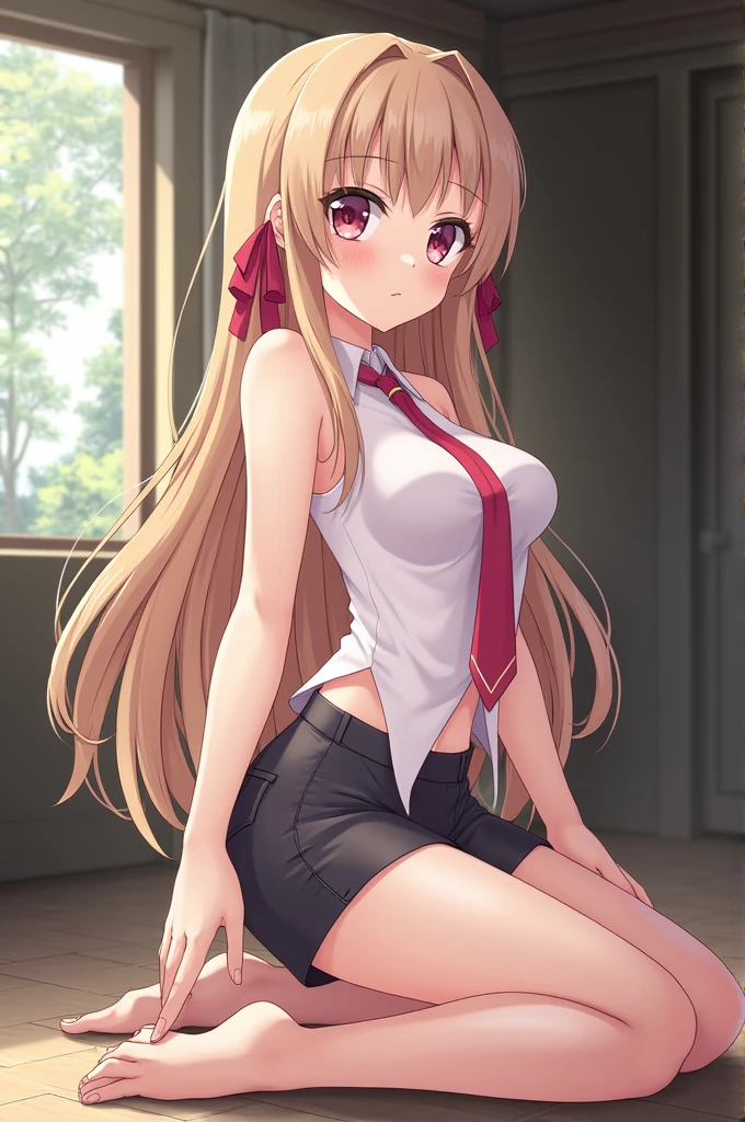 masterpiece ,Highest quality , High resolution , (One Girl Solo:1.38) , (Asuna , Brown Hair , Braiding , Brown eyes , Long Hair) , (Cleavage:1.2) , (Mid-chest:1.28) , ( Wearing a mini skirt , uniform , Bow) , (Cleavage:1.15) , (Large Breasts:1.1) , (Face view , Front view , from the front , View ) , (indoor , In the classroom , Windows , table) , (Put your arms behind your back , Put your hands behind your back) , (Standing in the sea , Thighs ) , ( smile , Open your mouth , Blush all over face , shy ),Show off your underwear,Lift up your skirt