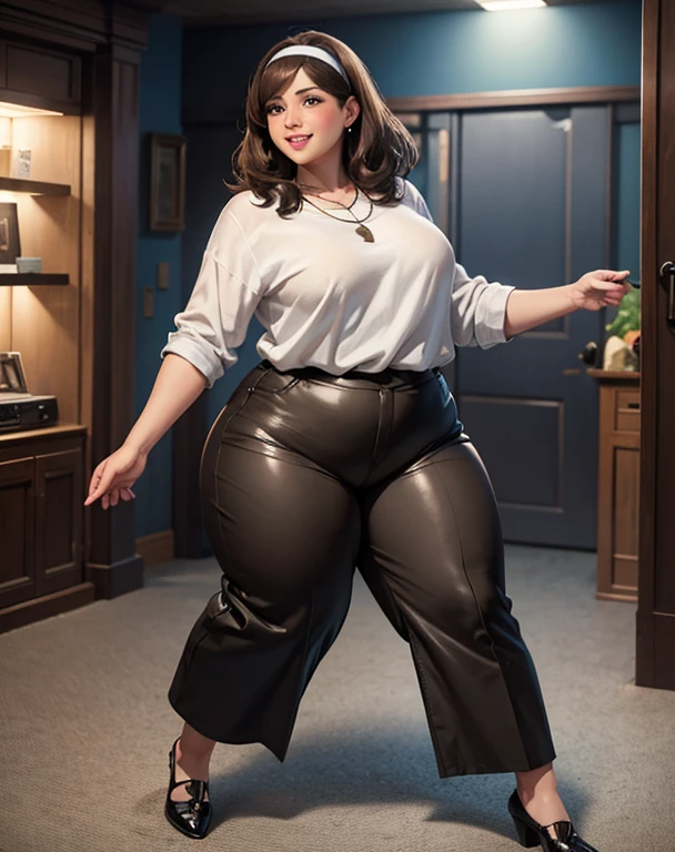 full body woman, chubby woman, very sexy, medium hair,  brown hair, brown eyes, straight hair, with black pants, headband, A little bit of wadding, with a blue blouse, hair back, necklace with a silver heart,  smiling,