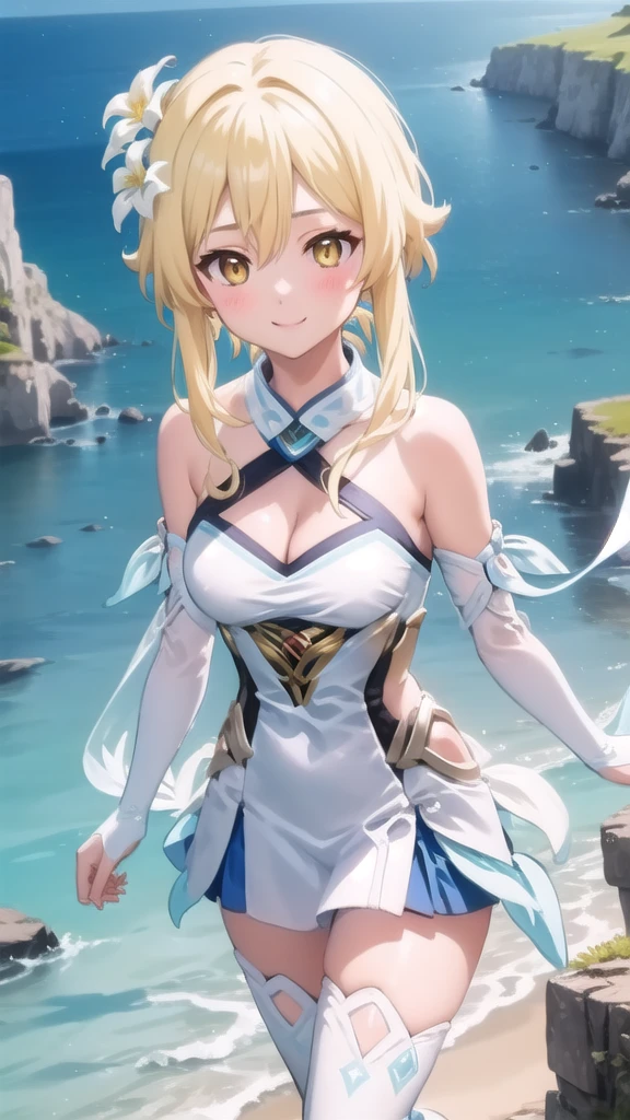 ((masterpiece)),(best quality),official art,extremely detailed CG,unity 8k wallpaper,ultra detailed,A lighthouse on a cliff by the sea,1girl,solo,upper body,looking at viewer,lumine (genshin impact),blonde hair,hair flower,hair ornament,yellow eyes,white dress,detached sleeves,short hair with long locks,white flower,bare shoulders,smile,cleavage,white thighhighs,bangs,frills,blush,medium breasts,long sleeves,sidelocks,halterneck,cleavage,hair between eyes,zettai ryouiki,white sleeves,see-through,feather hair ornament,