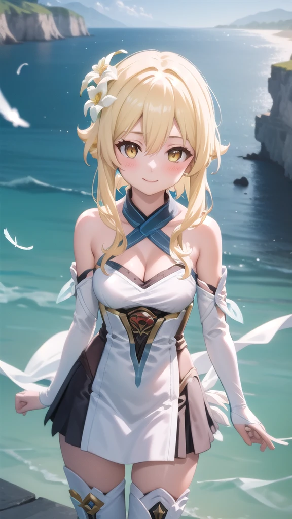 ((masterpiece)),(best quality),official art,extremely detailed CG,unity 8k wallpaper,ultra detailed,A lighthouse on a cliff by the sea,1girl,solo,upper body,looking at viewer,lumine (genshin impact),blonde hair,hair flower,hair ornament,yellow eyes,white dress,detached sleeves,short hair with long locks,white flower,bare shoulders,smile,cleavage,white thighhighs,bangs,frills,blush,medium breasts,long sleeves,sidelocks,halterneck,cleavage,hair between eyes,zettai ryouiki,white sleeves,see-through,feather hair ornament,