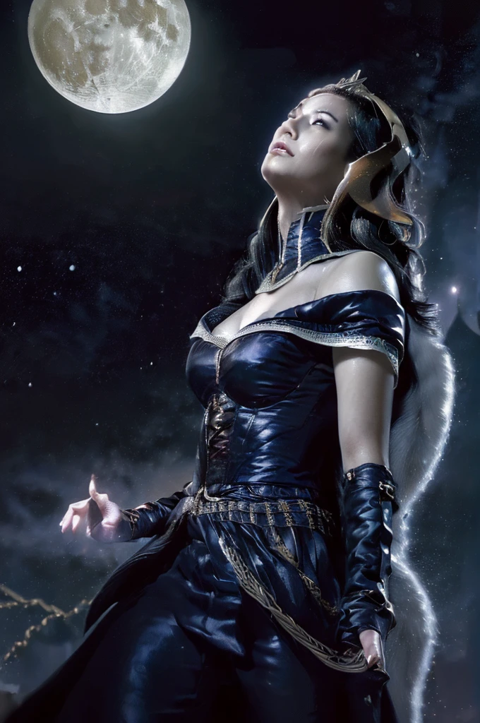 (masterpiece,top-quality,top-quality,Detailed and complex,official art,aesthetically pleasing:1.3),(female),(Liliana),(realistic art:1.3),(moon,stars,celestial,fantasy,cinematic lighting,background),chiaroscuro,intricate details,striking composition,elegant,regal,mesmerizing