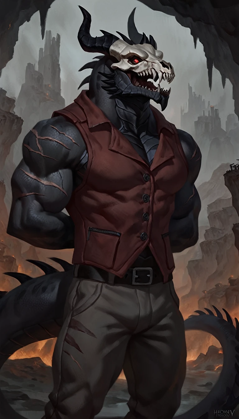 dragon like anthro lizard, hands behind back, anthro dragon, solo, portrait, scaly, detailed scales, experienced predator, dragonic, monster, mercenary, grin, open mouth, black scaly body, matte body, toned, muscular anthro, big muscles, big horns, wearing vest and pants, wearing red shirt, detailed scales, scars on body, 1male solo, anthro, muscular, thick neck, thick tail, skull head, marked jaw, Helltaker style, underground cave city background, darkness, horror, best quality, 4k, ultra-detailed, by laobai, by taran fiddler, by honovy