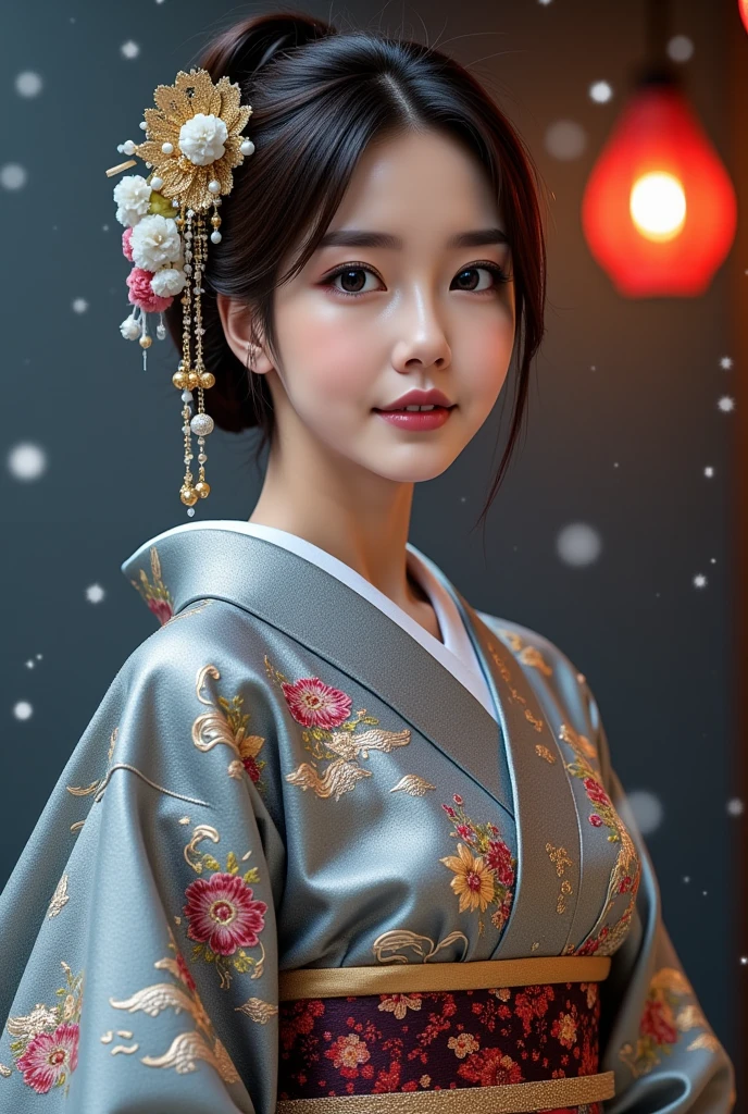 (Beautiful model in Japanese kimono commercial), (solo), ((face is 80% beauty and elegance, 20% pretty and cute:1.5)), (Her roots are in Eastern Europe and Asia), clear eyes, (detailed eyes, light brown eyes, bright pupils), Double Eyelids, (sexy lips with a little thickness:1.2), super detailed and incredibly high resolution Kimono, Highly Detailed Face Texture, striking body shape, curvy and very attractive woman, high-resolution RAW color photo pro photo, BREAK ultra high-resolution textures, High-res body rendering, big eyes, unparalleled masterpiece, incredible high resolution, super detailed, stunning ceramic skin, BREAK (Wearing a shiny silver kimono of the Rimpa school with lots of Rinpa silver colors), (The main color is Rinpa shiny silver, with a gradation from black to silver from the hem side to the collar), (elaborately made classical Japanese shiny silver Kimono), ((The embroidery patterns are Japanese dragon, clouds, mountains, and rivers)), (An obi that goes well with this kimono), ((shiny silver Kimono with elaborate and elegant embroidery)), (The background is a night scene with a little snow falling) BREAK ((Best Quality, 8k)), Crisp Focus:1.2, (Layer Cut, Big:1.2), (Beautiful Woman with Perfect Figure:1.4), (Beautifully shaped and big breasts:1.3), Slender waist, (Correct hand shape:1.5), (Full body shot | cowboy shot | back view)