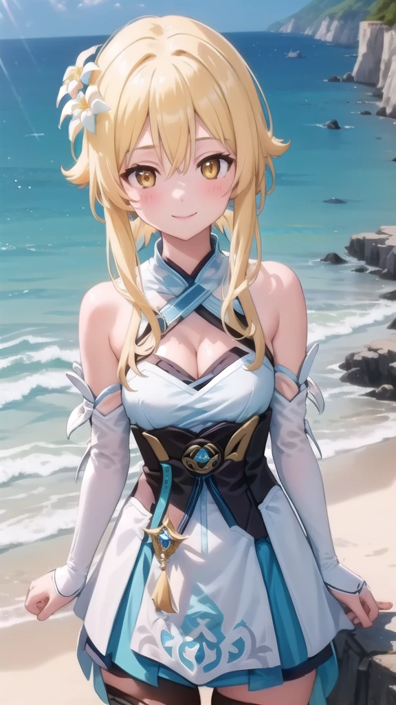 ((masterpiece)),(best quality),official art,extremely detailed CG,unity 8k wallpaper,ultra detailed,A lighthouse on a cliff by the sea,1girl,solo,upper body,looking at viewer,lumine (genshin impact),blonde hair,hair flower,hair ornament,yellow eyes,white dress,detached sleeves,short hair with long locks,white flower,bare shoulders,smile,cleavage,white thighhighs,bangs,frills,blush,medium breasts,long sleeves,sidelocks,halterneck,cleavage,hair between eyes,zettai ryouiki,white sleeves,see-through,feather hair ornament,