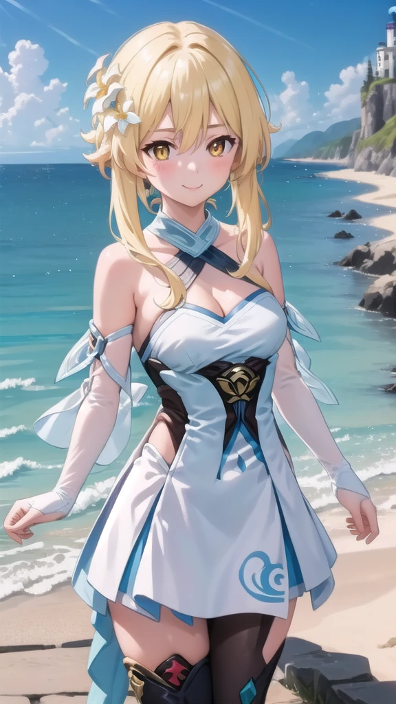 ((masterpiece)),(best quality),official art,extremely detailed CG,unity 8k wallpaper,ultra detailed,A lighthouse on a cliff by the sea,1girl,solo,upper body,looking at viewer,lumine (genshin impact),blonde hair,hair flower,hair ornament,yellow eyes,white dress,detached sleeves,short hair with long locks,white flower,bare shoulders,smile,cleavage,white thighhighs,bangs,frills,blush,medium breasts,long sleeves,sidelocks,halterneck,cleavage,hair between eyes,zettai ryouiki,white sleeves,see-through,feather hair ornament,