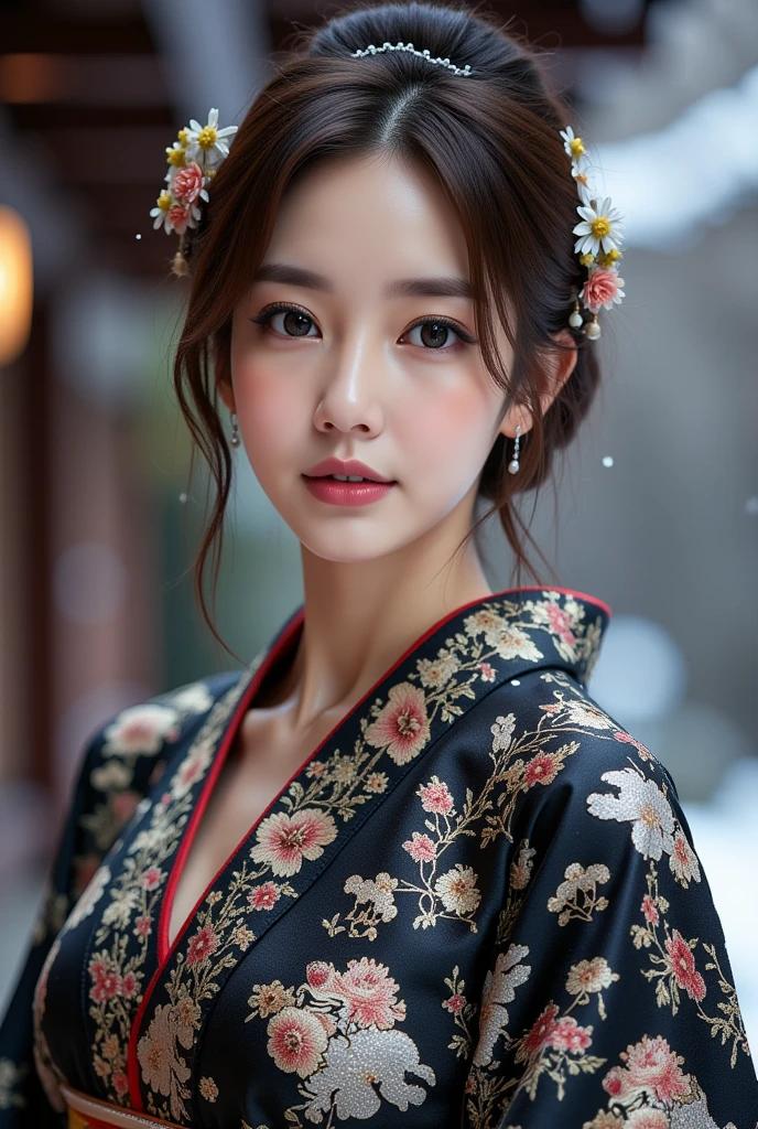 (Beautiful model in Japanese kimono commercial), (solo), ((face is 80% beauty and elegance, 20% pretty and cute:1.5)), (Her roots are in Eastern Europe and Asia), clear eyes, (detailed eyes, light brown eyes, bright pupils), Double Eyelids, (sexy lips with a little thickness:1.2), super detailed and incredibly high resolution Kimono, Highly Detailed Face Texture, striking body shape, curvy and very attractive woman, high-resolution RAW color photo pro photo, BREAK ultra high-resolution textures, High-res body rendering, big eyes, unparalleled masterpiece, incredible high resolution, super detailed, stunning ceramic skin, BREAK (Wearing a shiny silver kimono of the Rimpa school with lots of Rinpa silver colors), (The main color is Rinpa shiny silver, with a gradation from black to silver from the hem side to the collar), (elaborately made classical Japanese shiny silver Kimono), ((The embroidery patterns are Japanese dragon, clouds, mountains, and rivers)), (An obi that goes well with this kimono), ((shiny silver Kimono with elaborate and elegant embroidery)), (The background is a night scene with a little snow falling) BREAK ((Best Quality, 8k)), Crisp Focus:1.2, (Layer Cut, Big:1.2), (Beautiful Woman with Perfect Figure:1.4), (Beautifully shaped and big breasts:1.3), Slender waist, (Correct hand shape:1.5), (Full body shot | cowboy shot | back view)