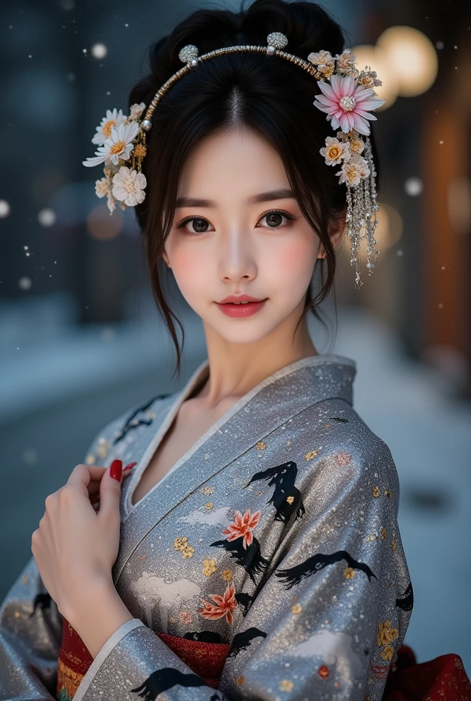 (Beautiful model in Japanese kimono commercial), (solo), ((face is 80% beauty and elegance, 20% pretty and cute:1.5)), (Her roots are in Eastern Europe and Asia), clear eyes, (detailed eyes, light brown eyes, bright pupils), Double Eyelids, (sexy lips with a little thickness:1.2), super detailed and incredibly high resolution Kimono, Highly Detailed Face Texture, striking body shape, curvy and very attractive woman, high-resolution RAW color photo pro photo, BREAK ultra high-resolution textures, High-res body rendering, big eyes, unparalleled masterpiece, incredible high resolution, super detailed, stunning ceramic skin, BREAK (Wearing a shiny silver kimono of the Rimpa school with lots of Rinpa silver colors), (The main color is Rinpa shiny silver, with a gradation from black to silver from the hem side to the collar), (elaborately made classical Japanese shiny silver Kimono), ((The embroidery patterns are Japanese dragon, clouds, mountains, and rivers)), (An obi that goes well with this kimono), ((shiny silver Kimono with elaborate and elegant embroidery)), (The background is a night scene with a little snow falling) BREAK ((Best Quality, 8k)), Crisp Focus:1.2, (Layer Cut, Big:1.2), (Beautiful Woman with Perfect Figure:1.4), (Beautifully shaped and big breasts:1.3), Slender waist, (Correct hand shape:1.5), (Full body shot | cowboy shot | back view)