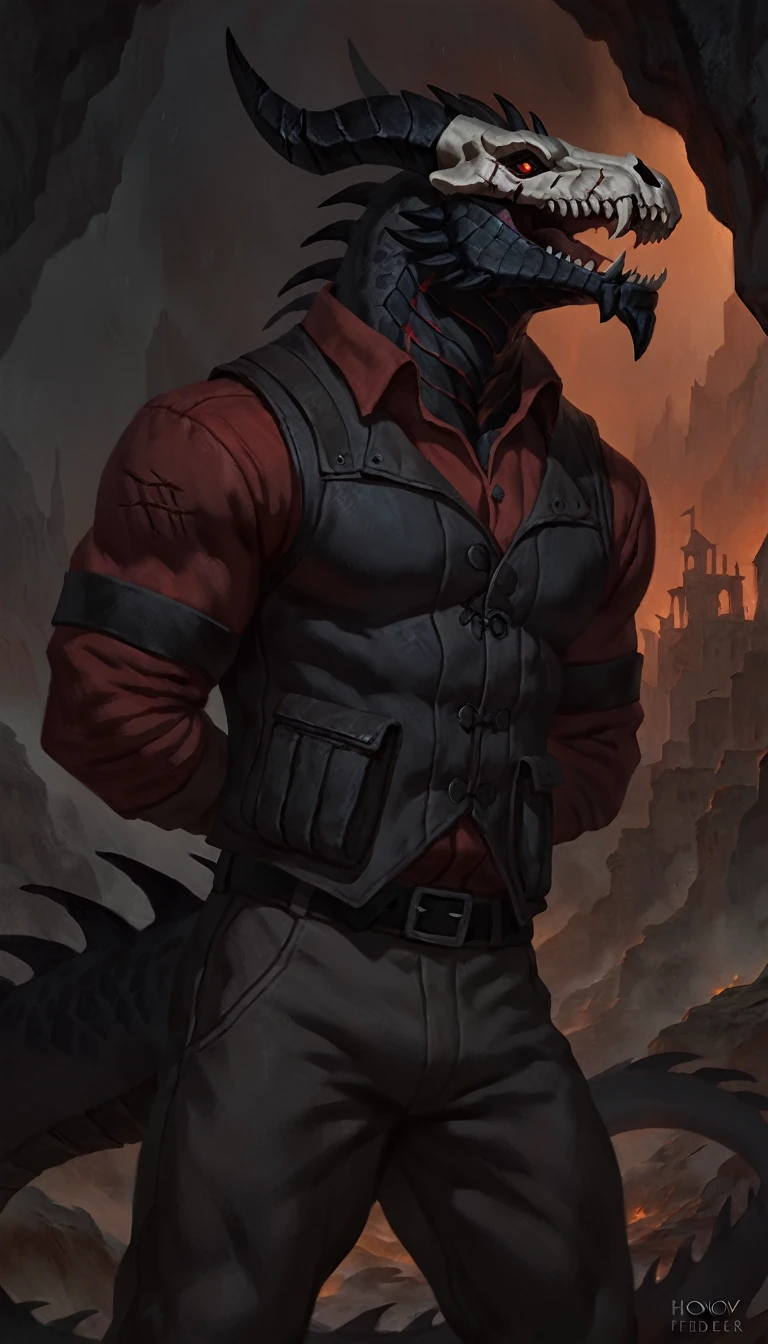 dragon like anthro lizard, hands behind back, anthro dragon, solo, portrait, scaly, detailed scales, experienced predator, dragonic, monster, mercenary, grin, open mouth, black scaly body, matte body, toned, muscular anthro, big muscles, big horns, wearing vest and pants, wearing red shirt, detailed scales, scars on body, 1male solo, anthro, muscular, thick neck, thick tail, skull head, marked jaw, Helltaker style, underground cave city background, darkness, horror, best quality, 4k, ultra-detailed, by laobai, by taran fiddler, by honovy