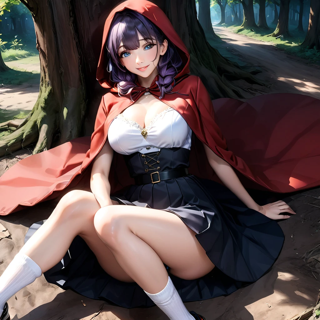 Masterpiece, 4K, HDR, full HD, (best quality), (ultra detailed), (only), intricate ANIME TYPE, best quality, 1girl, deep purple hair , hyper beautiful face, purple hair, perfect anatomy, shiny skin, full body, alone (shiny purple hair, long hair), looking at viewer, perfect hands, perfect legs, super detailed clothes, intricate clothes, hyper detailed cloths, super detailed face, super detailed skin, super detailed quality, expressive eyes, blue eyes, super detailed eyes, JK, epngekatsuragimisato ,  SDXL Illustration Design Beautiful Girl 2D Beautiful Girl Digital Painting Comic Ukiyo-e Watercolor Manga Other,ROUGH, smile, blushing, dynamic pose, American shot, cowboy shot, portrait quality, Little Red Riding Hood's outfit is simple but striking. She wears a red hooded cloak that falls to her knees, made of a thick, Soft fabric, designed to protect her in the forest. Underneath, she wears a simple white or beige dress with a fitted bodice that accentuates her waist, and a full skirt that reaches just above her knees. She wears white socks and black boot-type shoes. She stores provisions in her wicker basket, while her hair, often loose or in braids, peeks out from under her hood. Her look combines innocence with a touch of mystery thanks to the iconic red cape. medium breasts, 