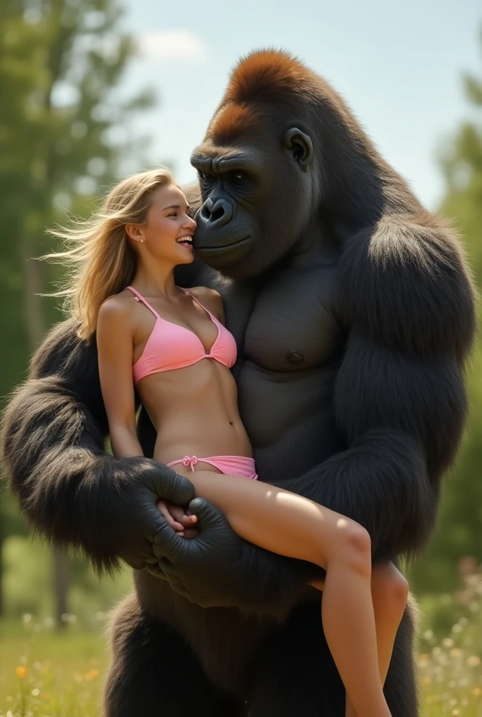 NSFW (nude) (Melissa Benoist ((human)) medium breasts, strip of pubic hair) vaginal penetration, fucking male gorilla with fat penis, full body, on a deserted beach
