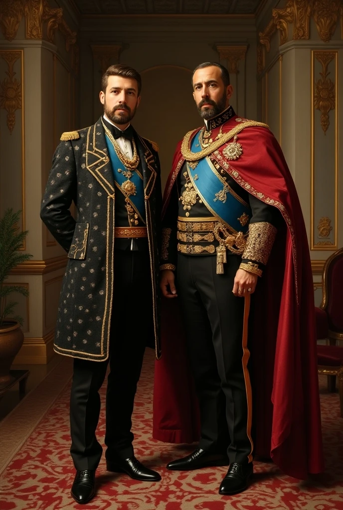 painting of two men in military uniforms standing next to each other, royal portrait, imperial portrait, royal portrait painting, ceremonial portrait, epic game portrait, royal painting, petros and leonid, royal portrait, ceremonial portrait, sitting on the porcelain throne, alexandra fomina, official art, new album cover, alternative album cover, in a throne room, giant egg wearing a red cap on white victorian chair