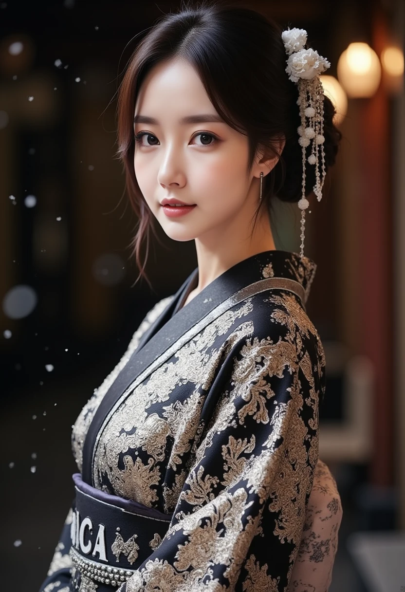 (Beautiful model in Japanese kimono commercial), (solo), ((face is 80% beauty and elegance, 20% pretty and cute:1.5)), (Her roots are in Eastern Europe and Asia), clear eyes, (detailed eyes, light brown eyes, bright pupils), Double Eyelids, (sexy lips with a little thickness:1.2), super detailed and incredibly high resolution Kimono, Highly Detailed Face Texture, striking body shape, curvy and very attractive woman, high-resolution RAW color photo pro photo, BREAK ultra high-resolution textures, High-res body rendering, big eyes, unparalleled masterpiece, incredible high resolution, super detailed, stunning ceramic skin, BREAK (Wearing a shiny silver kimono of the Rimpa school with lots of Rinpa silver colors), (The main color is Rinpa shiny silver, with a gradation from black to silver from the hem side to the collar), (elaborately made classical Japanese shiny silver Kimono), ((The embroidery patterns are Japanese dragon, clouds, mountains, and rivers)), (An obi that goes well with this kimono), ((shiny silver Kimono with elaborate and elegant embroidery)), (The background is a night scene with a little snow falling) BREAK ((Best Quality, 8k)), Crisp Focus:1.2, (Layer Cut, Big:1.2), (Beautiful Woman with Perfect Figure:1.4), (Beautifully shaped and big breasts:1.3), Slender waist, (Correct hand shape:1.5), (Full body shot | cowboy shot | back view)