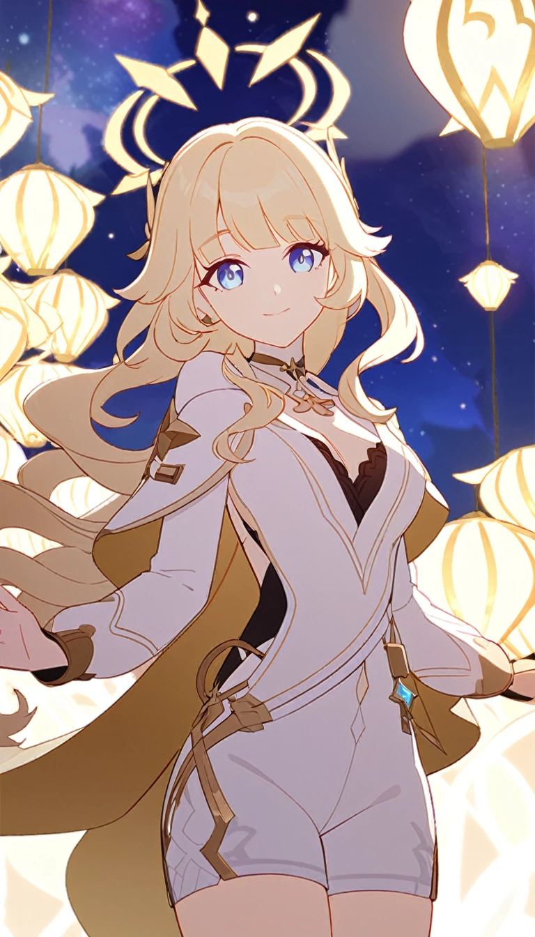 Create an original character from Genshin Impact. Give her long blonde wavy hair with bangs, big light blue eyes and big eyelashes. 
 She has a white with gold and light pink outfit star-themed, shorts with long cape from waist to ankles, long boots up to knees, off-the-shoulder, tight long sleeve, plunging neckline. Cute and hot. White with gold and pink outfit.
She is very kind, and soft-hearted. She likes space and singing. Mature body. Slight head tilt, and smiles. In Genshin style. 