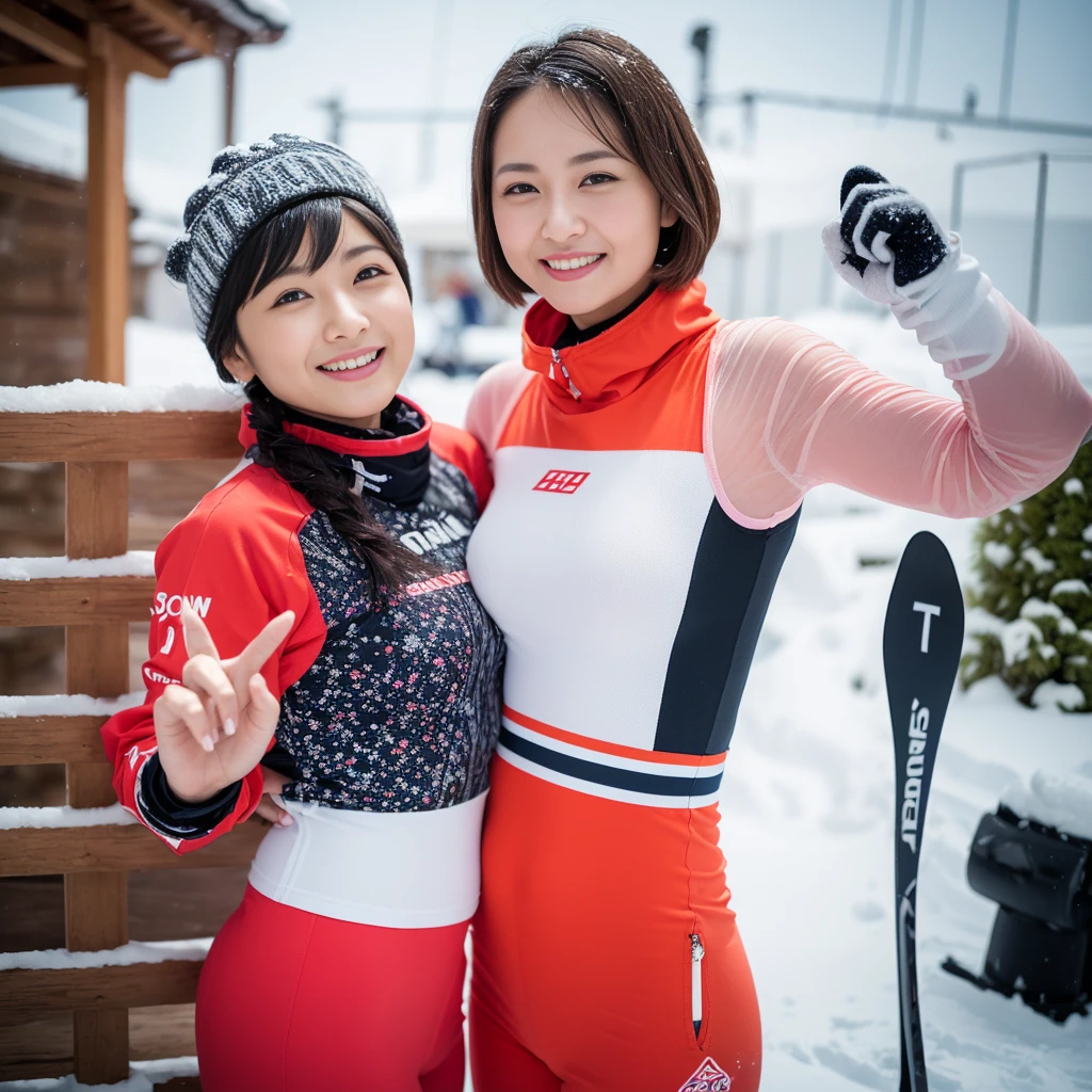 『 1 girl:1.3』Best Quality:1.2、 big breasts at the temple、 I can see a little cleavage、(( young woman))、((Red cheeks)) is laughing、((( anatomically correct、 perfect anatomy、 anatomically correct指)))( portrait of a short-haired girl in colorful ski wear :1.5)、( 1 girlがショーオフの顔と小さな笑顔で スキーをしている :1.5)、( snow ski garden :1.5)、(beautiful blue sky 1 .5)、(perfect anatomy:1.3)、(No mask:1.3)、(Full to your fingertips :1.3)、 Photorealistic、  Uncut Pictures  、masterpiece、top-quality、 high resolution on down、Delicate and beautiful、 perfect face、 beautiful detailed eyes、 white skin、Human skin、pores、((Thin legs))、(Dark hair )