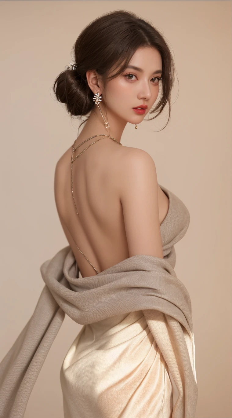 Amazing portrait of a sexy woman who is wearing a backless blouse and a saree and hair tied in a bun in a tiny and dark room with one lamp and she's sweaty with pleasure