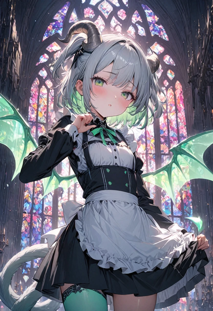 (masterpiece, best quality, ultra detailed, high resolution), (1 girl:1.3), long sleeve maid uniform:1.2, headband, cute face, (slant eyes:1.1, light green eyes), (short hair, silver hair, two side up:1.2, swept bangs), It has small silver ram's horns growing from its head:1.1, White and clear skin:1.2, small breasts,, (Stockings with different colors on the left and right, The right is black and the left is light green:1.1), (Very small, transparent, light green neon devil wings grow on its back.:1.2), Long, thin black and light green striped tail:1.5, Funny pose, inside the silver castle, surrounded by stained glass), A world of fantasy, (cowboy shot:1.2), (from front:1.3), nsfw