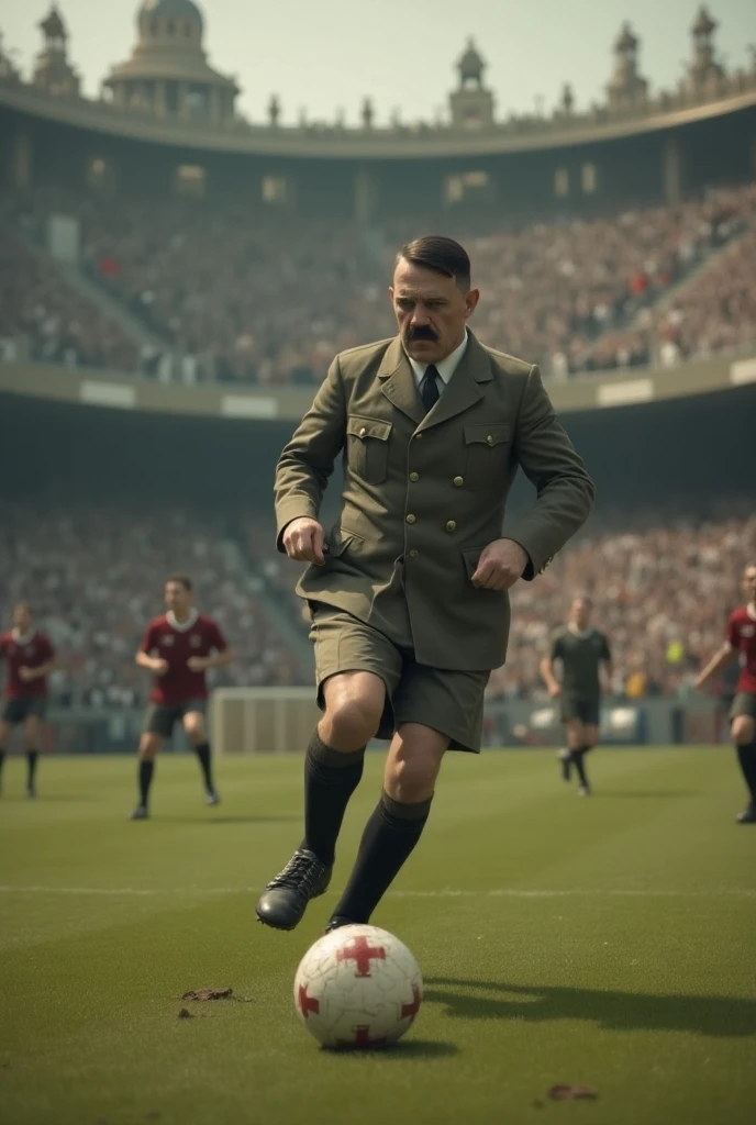 Nazi party playing football, with a swastika on his uniform, and raising his hand making the Nazi salute to Adolf Hitler