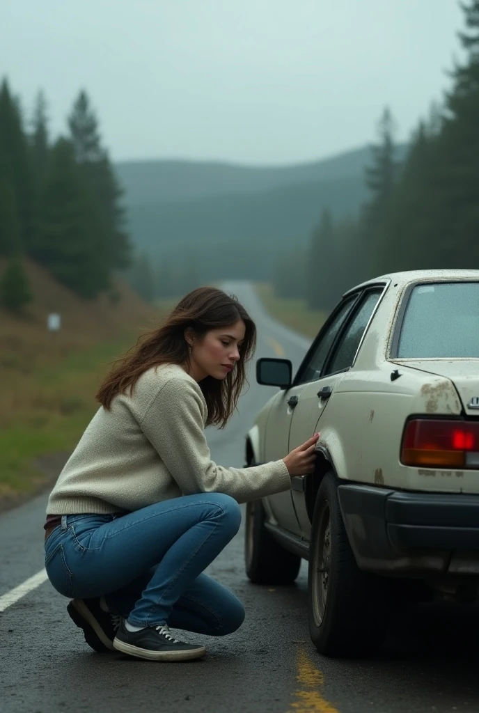 Generate a video of a girl got her car stuck in mud