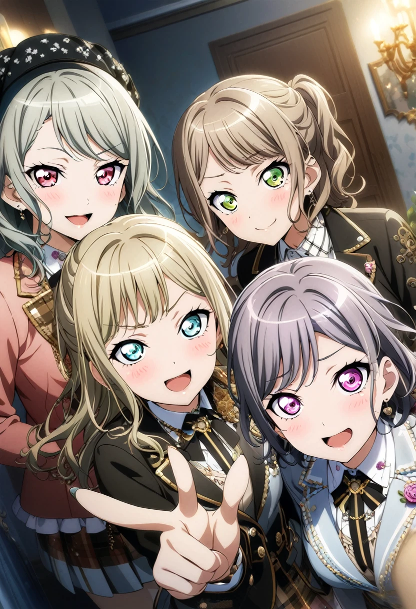(3+girls, girls surrounding viewer, ), ( hetero, ), (romantic), (point of viewer), blazer, (bang dream style), (official art), (absurdres, masterpiece, best quality, ultra detailed),