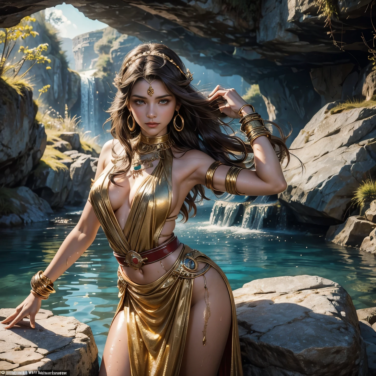 (8K, highest quality, masterpiece),(Realistic, RAW Photos, Super Fine Clear), Realistic Light, Detailed skin, Beautiful girl, ((25-year-old girl, Greek mythology Nikke:1.5)), Thin legs, fine grain, white long hair, Detailed fingers, thin, Sexual, Ecstasy facial expression, (Super big boucing firm bust), The chest part of the dress is wide open, Chest exposed, (deep scarlet dress), (flower garden, Flower storm), sun set, lakeside, (in battle:1.5), in battle, long spear and shield