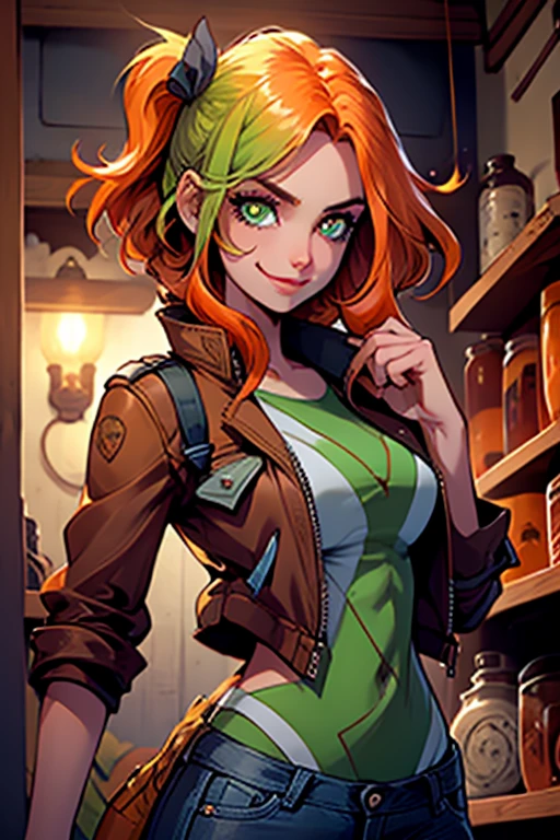 Perfect face. Perfect hands. An orange haired woman with green eyes and an hourglass figure in a leather jacket and jeans is smiling in an antique store