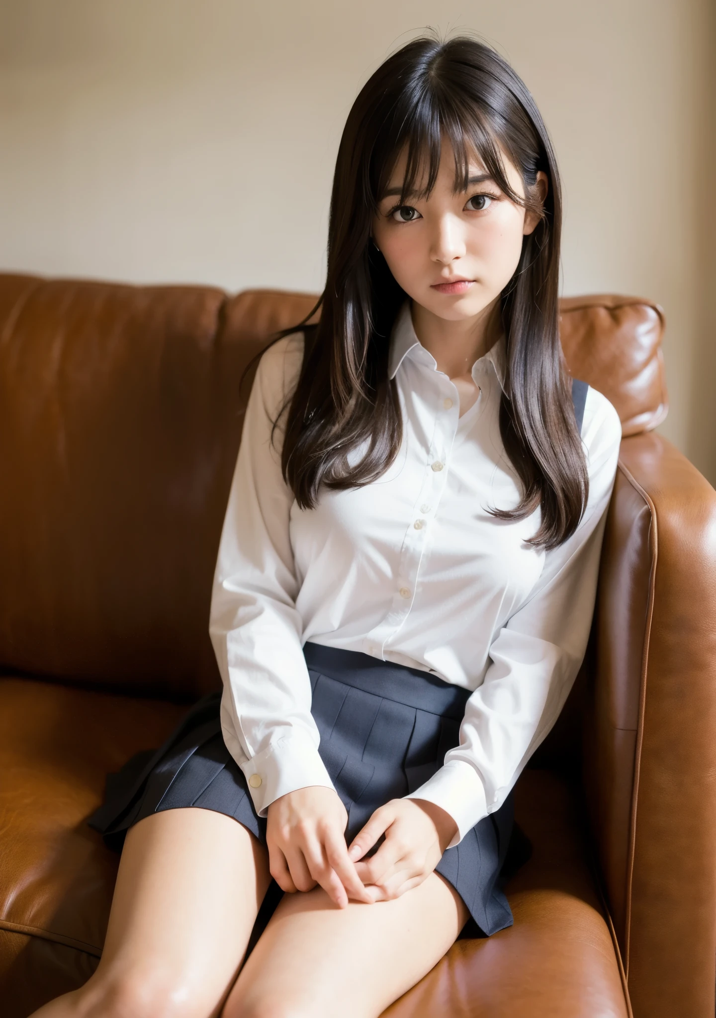 Alone, beautiful girl, , morning, natural light, library, bright, dark eyes, (detailed eyes, pretty eyes), straight hair, bangs, upper body, white shirt, (collar, long sleeves, pleated skirt, knees), from side, lips, beautiful girl, ((light makeup)), innocent, holding book, beautiful girl