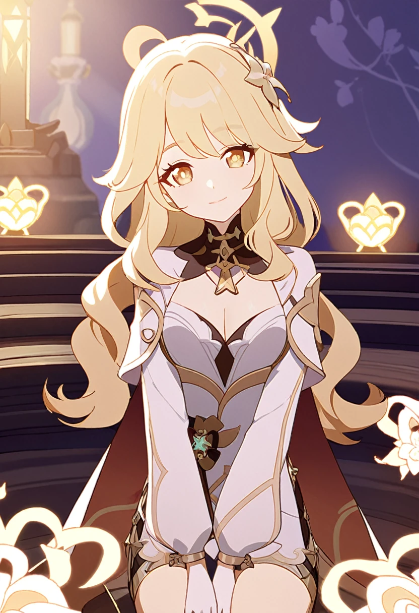 Create an original character from Genshin Impact. Give her long blonde wavy hair with bangs, big light honey eyes and big eyelashes. 
 She has a white with gold and light pink outfit star-themed, shorts with long cape from waist to ankles, long boots up to knees, off-the-shoulder, tight long sleeve, plunging neckline. Cute and sexy. 
She is very kind, and soft-hearted. Mature body. Slight head tilt, and smiles. In Genshin style. genshin impact style. 