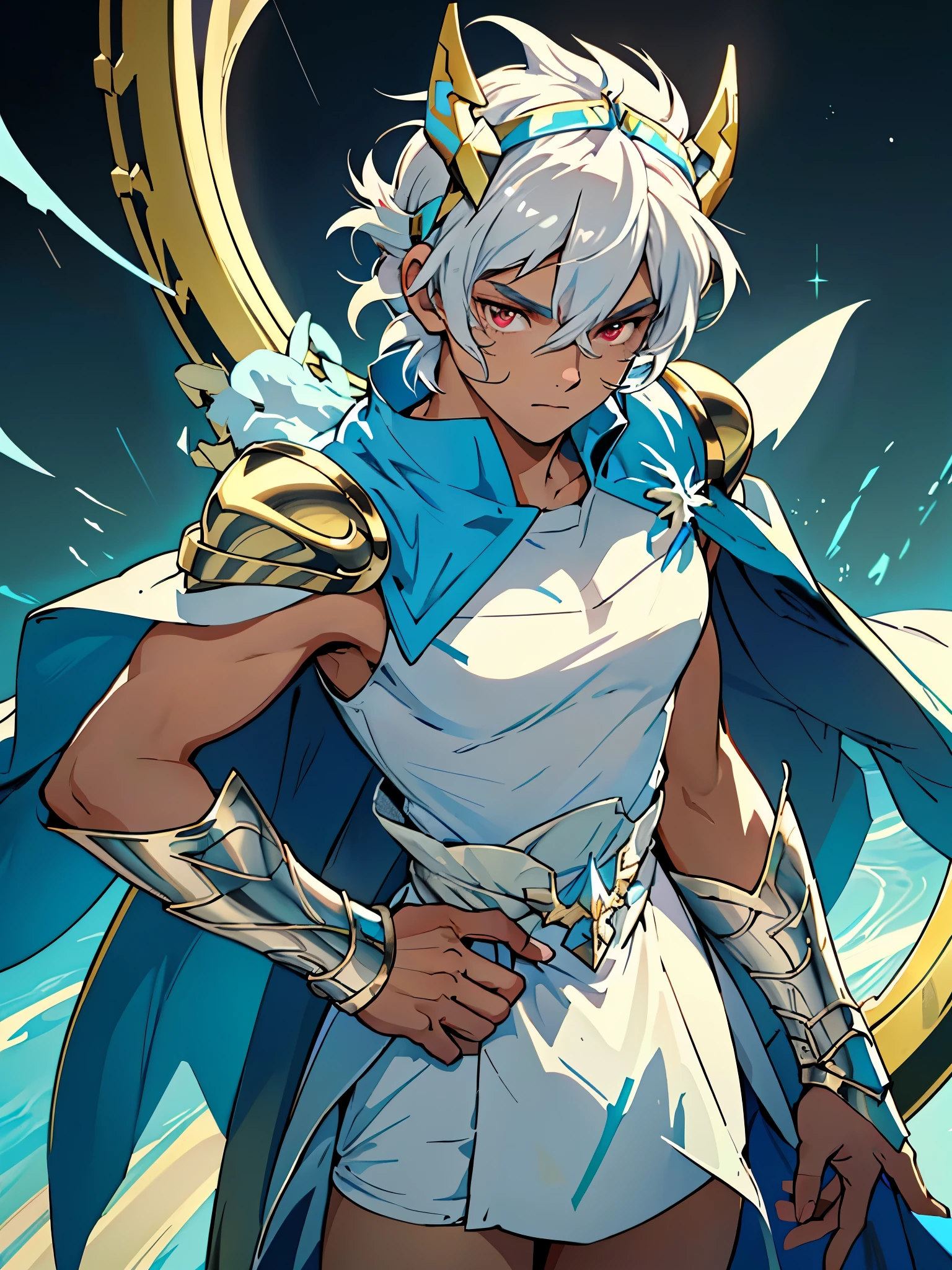 
man,solo

2. **Cores**:  The color palette could be a combination of white and gold ,  symbolizing purity and courage , with blue details, reminiscente da cor de Hestia, your goddess .

3.** crown with silver rabbit ear **

4. ** Accessories **:  Bell could wear a helmet that resembles a helmet of Knight ,  but your trait as a young adventurer ,  perhaps with a visor that opens . Furthermore,  could have a flowing cape ,  symbolizing his determination and spirit .
Alone,  short hair, white hair, red eyes ,  white hair  