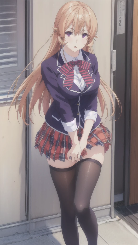 1 Female,High definition,high resolution,Ultra-realistic,8K, ta1,BREAK,erina nakiri, long hair, orange hair, (purple eyes:1.1), hair between eyes, skirt, thighhighs, bow, school uniform, jacket, pleated skirt, shoes, black thighhighs, zettai ryouiki, plaid, plaid miniskirt, blazer, lace pink panties, BREAK, ((plaid miniskirt )), sexy, anime girl in a short skirt and bow tie running down a street, seductive anime girl, a hyperrealistic schoolgirl, beautiful anime high school girl, hyperrealistic schoolgirl, attractive anime girl, anime girls, realistic schoolgirl, photorealistic anime, anime girl in real life, beautiful anime girl, anime girl, smooth anime cg art, realistic anime 3 d style.