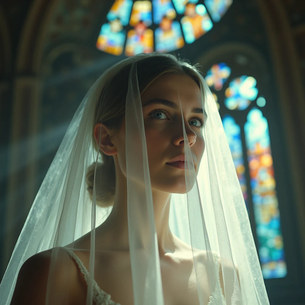 (((nffsw))), (((masutepiece))), (((8K))), (((hight resolution))), (((surrealism))), (((Cinematic lighting))), god rays, Zoom Layer, (((FULL BODYSHOT))), F/4.0, canon, Shiny skin,Detailed skin,Detailed face, Detailed eyes, Beautiful bride goddess, Churches in France, Royal Tiara, see-through wedding dresses, silver earing, In cross, Mystical sight, Light shines through stained glass