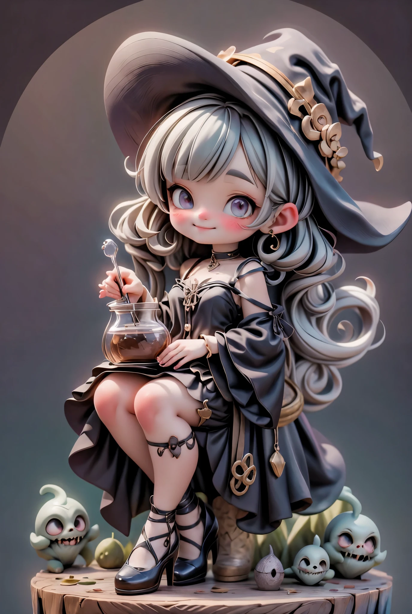 a cute witch smiling, ankle strap pumps, making a potion in a cauldron, horror art style