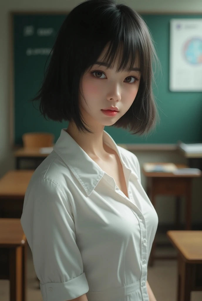 best quality, ultra high res, 8K, RAW photo ,cute school girl, japanese, solo, (((flat chest))),downblouse, small breasts, voluptuous, cute detailed bra with embellishments,overlap gothic costume,(high resolution detail of human skin texture), short hair,necklace ,leaning over, studying at a small desk, from top above ,slender ,in classroom,