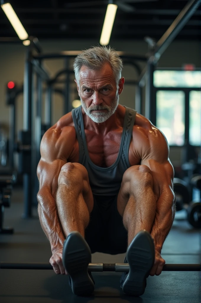 iphone pro 14, extremely beautiful model, 40 years old sexy muscular man, scandinave, shaved head, realistic, seins gaies, clivage, haut court, soutiens gorges, naked, full figure, in a modern gym, laying on the floor