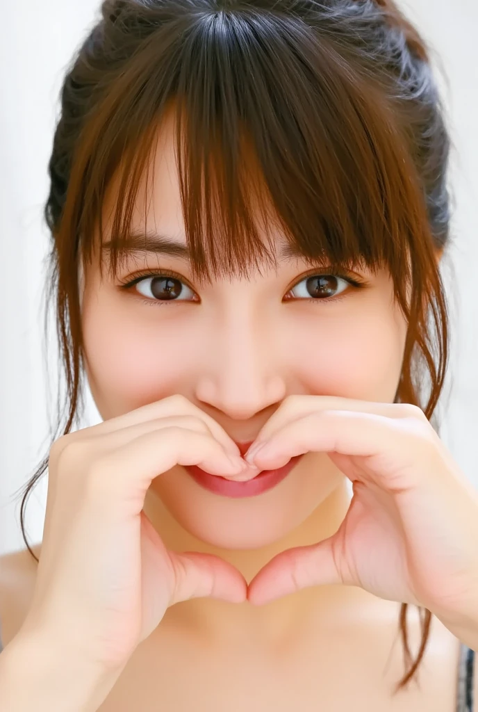 Only one woman with a cute smile wears cute, fluffy off-shoulder pajamas, makes a big heart shape with both hands, and poses them in front of her chest, View above collarbone、The background is a monotone 

