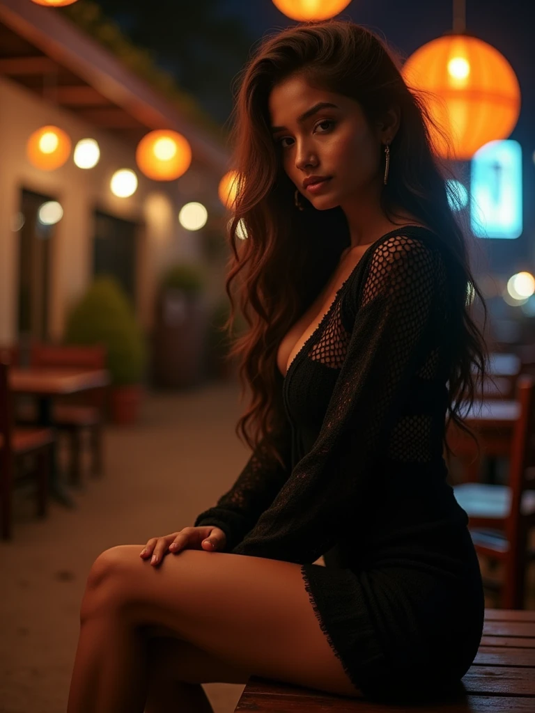 Raw photo, realistic,girl,Indian girl,age 22, full body,pale skin,petite body, beautiful face, detailed face,black fishnet sweater dress,big breasts, upper body, sitting, cowboy shot, outdoor, night, restaurant, ((looking at viewer:1.4)),((face towards me)), from below,side profile
